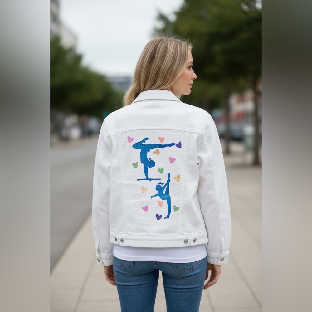 MADE TO ORDER Girls Denim Jacket with Hand Painted Gymnastics Silhouettes and 💗